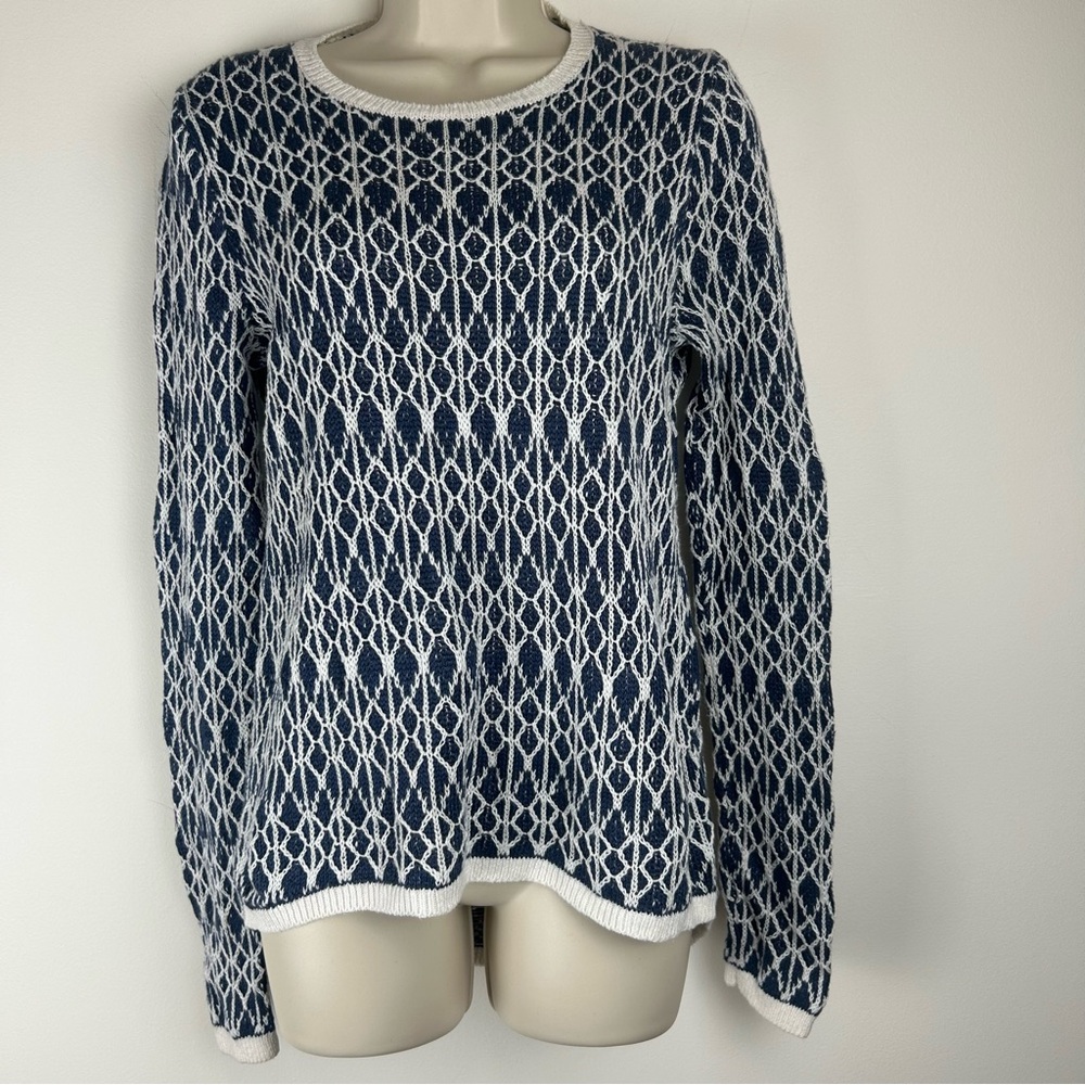 LOFT Blue & White Linen Crew Neck Sweater M Nautical Coastal Breathable Preppy